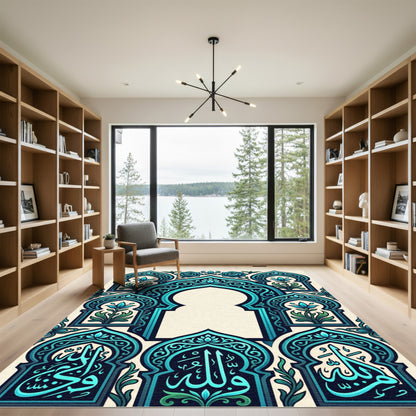 Teal Blue Arabesque Floral Arch Gate Rug