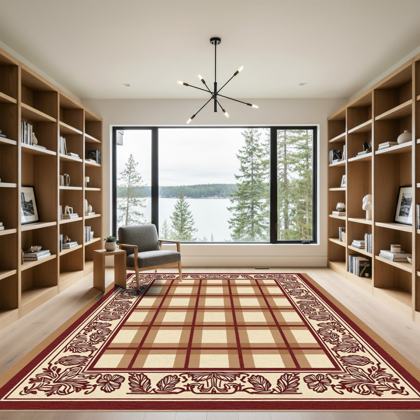 Crimson Tartan Floral Vine Border Rug