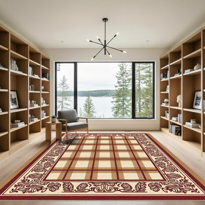 Crimson Tartan Floral Vine Border Rug