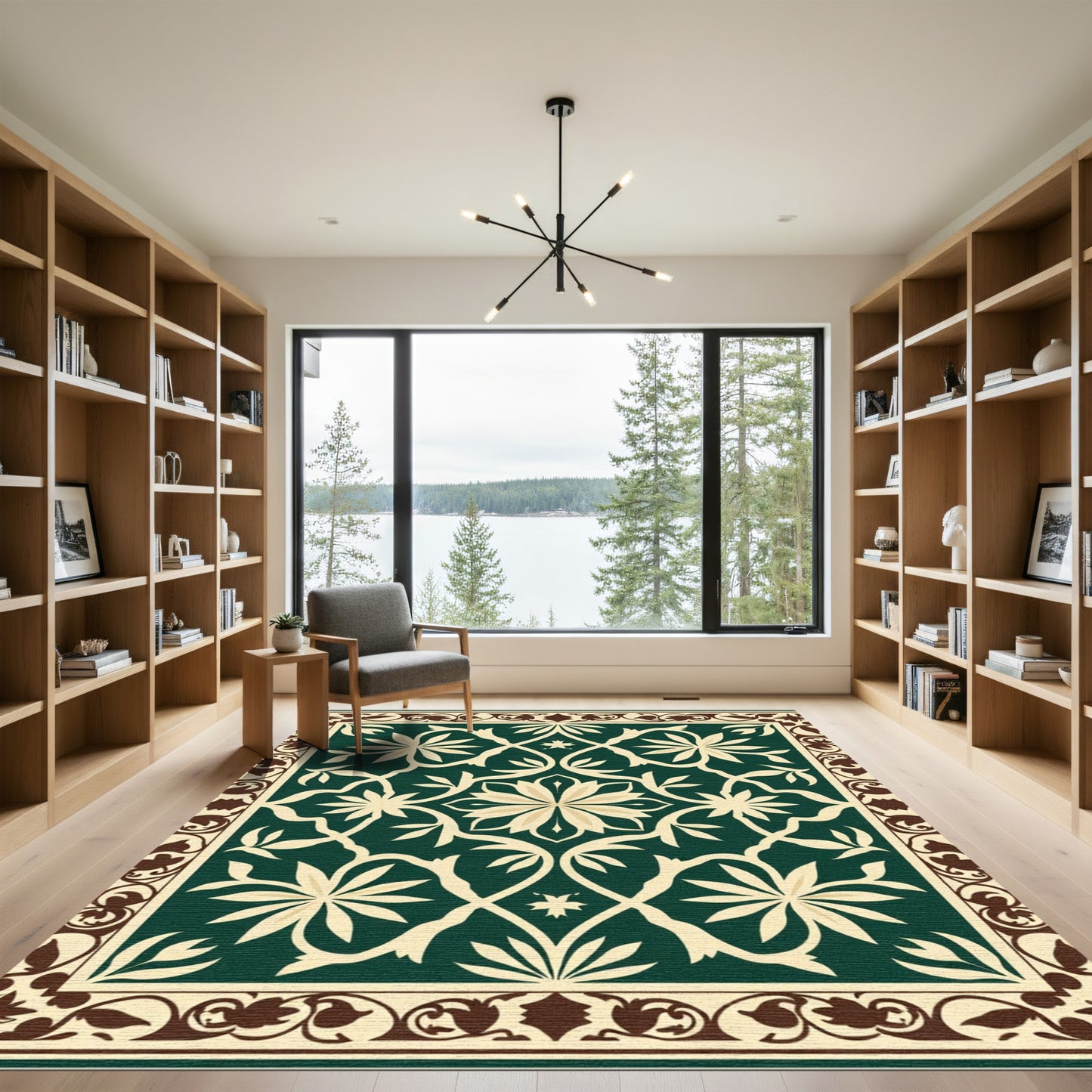 Emerald Green Floral Vines Border Rug