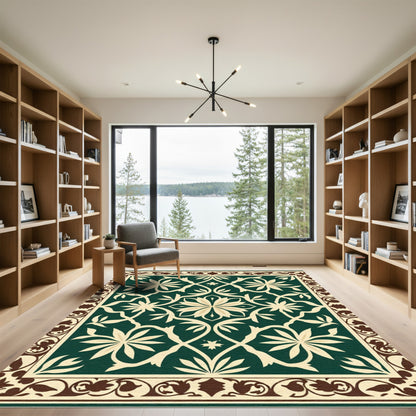 Emerald Green Floral Vines Border Rug