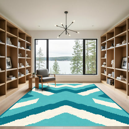 Teal Cream Zigzag Geometric Abstract Rug