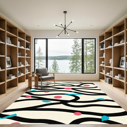 Whimsical Cream Black Flowing Circles Rug