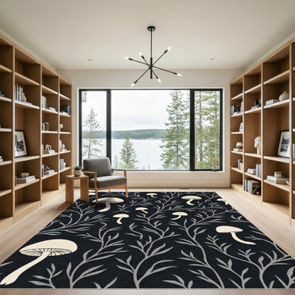 Cream Mushroom Branch Dark Background Rug