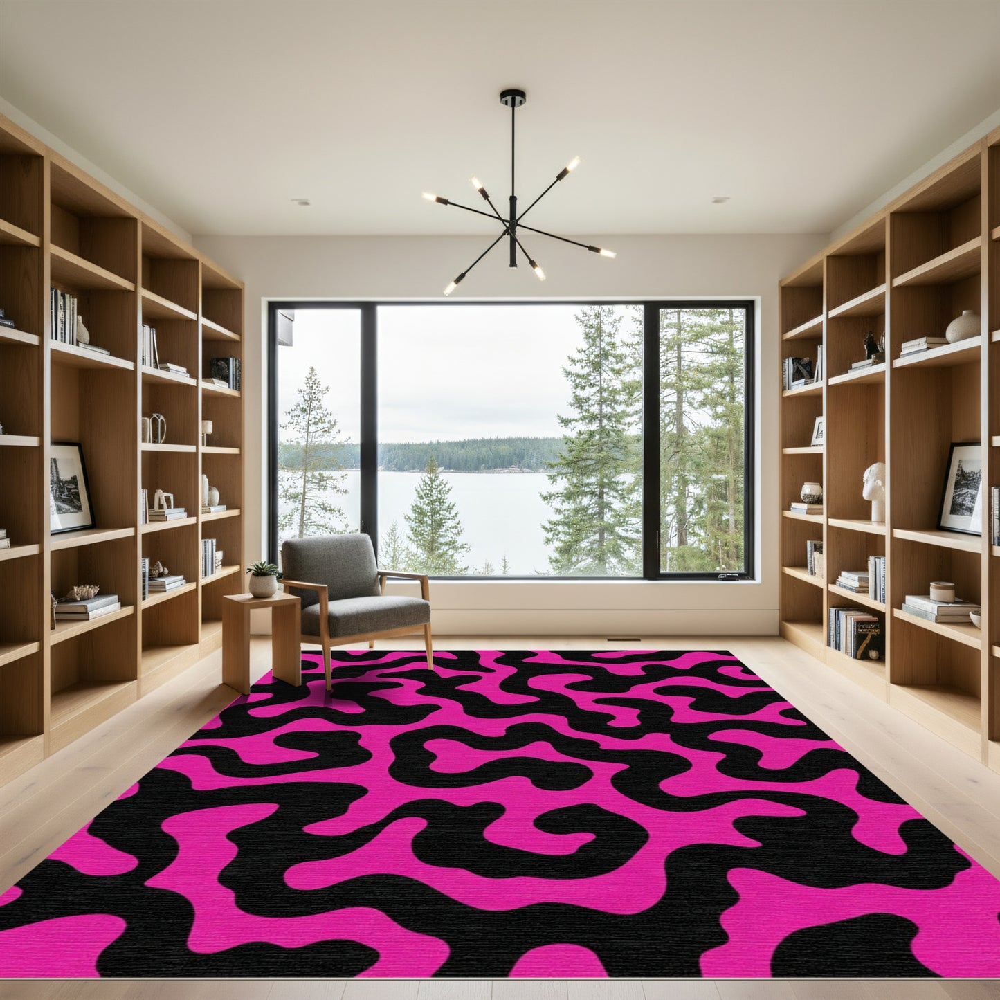 Vibrant Pink Black Amoeba Shape Rug