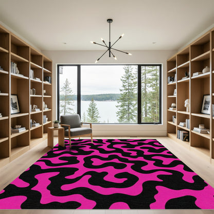 Vibrant Pink Black Amoeba Shape Rug