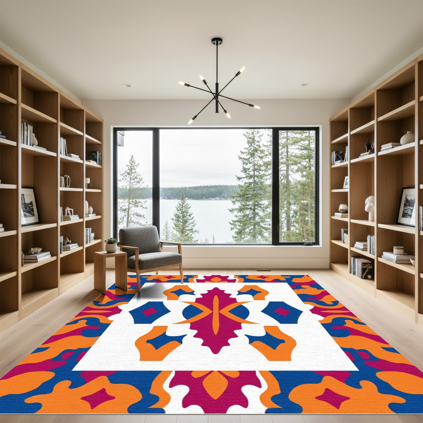Vibrant Magenta Orange Blue Geometric Medallion Rug