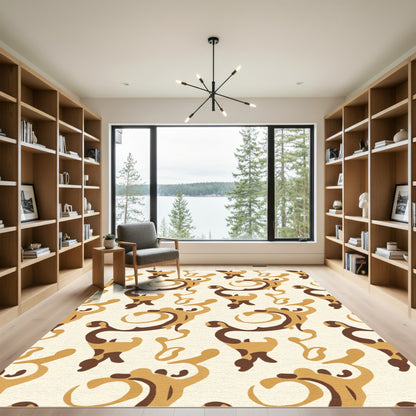 Golden Brown Swirling Filigree Motif Rug