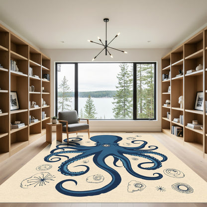 Deep Blue Octopus Nautical Collage Rug