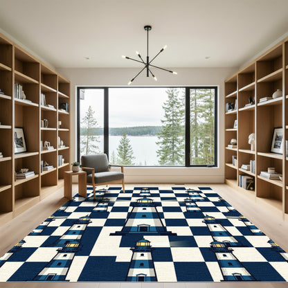 Nautical Blue White Lighthouse Chessboard Rug