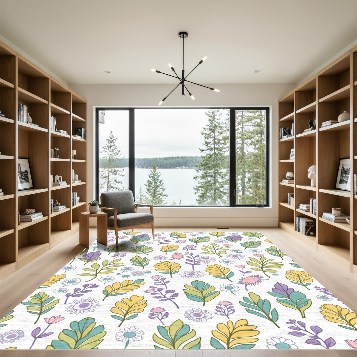 Pastel Leaf and Flower Garden Illustration Rug