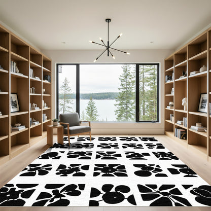 Black White Abstract Floral Squares Rug