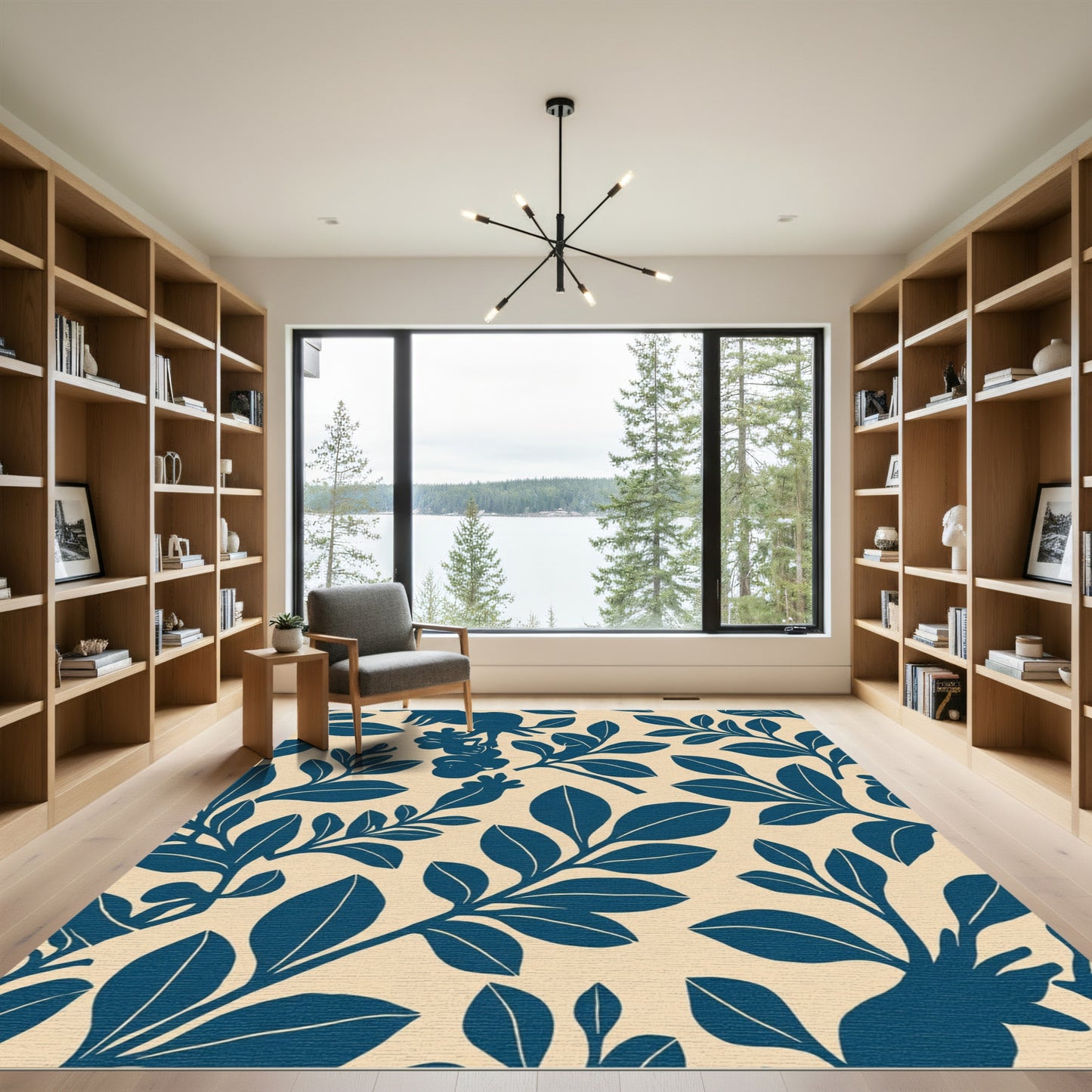 Deep Blue Animal Foliage Silhouette Rug