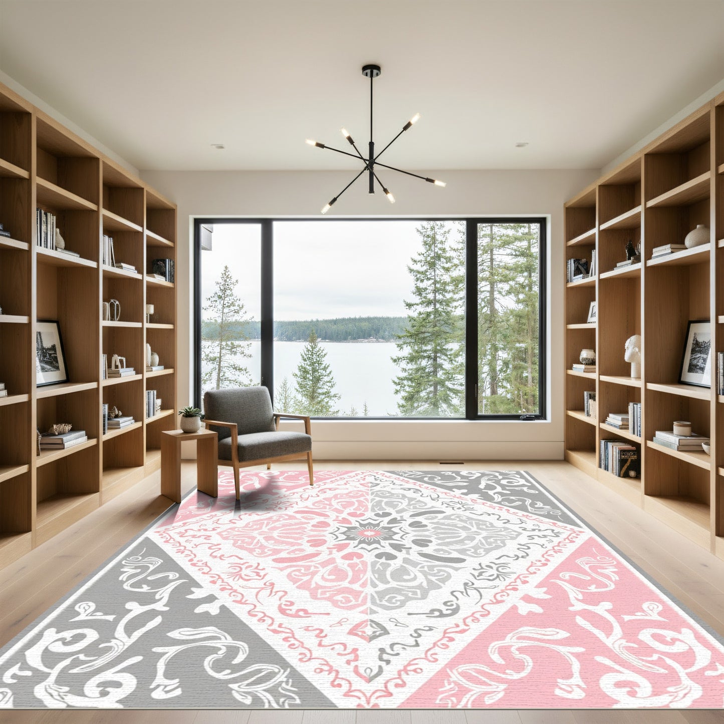 Pink Gray White Ornate Medallion Rug