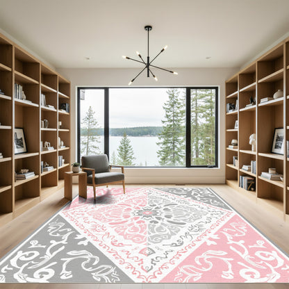 Pink Gray White Ornate Medallion Rug