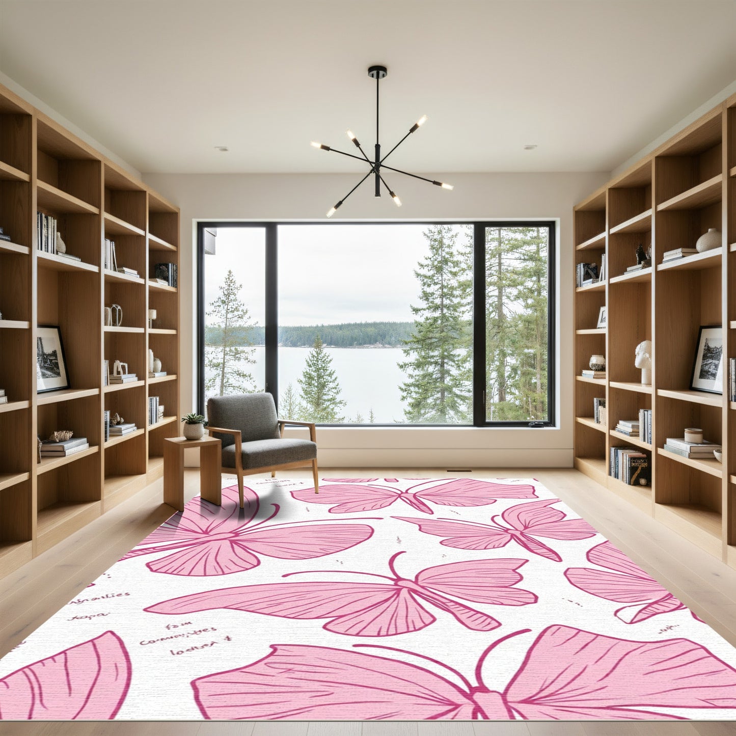 Pink Butterfly Patterned Sketch Rug