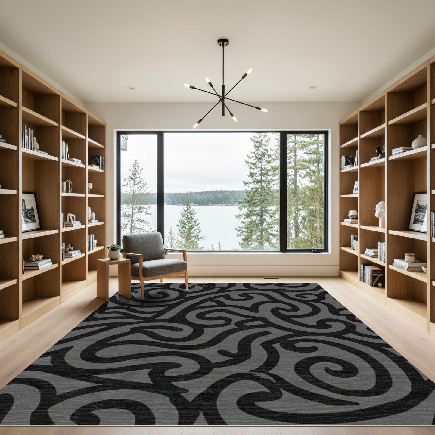 Monochrome Swirl Abstract Line Art Rug