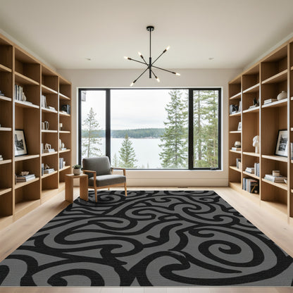 Monochrome Swirl Abstract Line Art Rug
