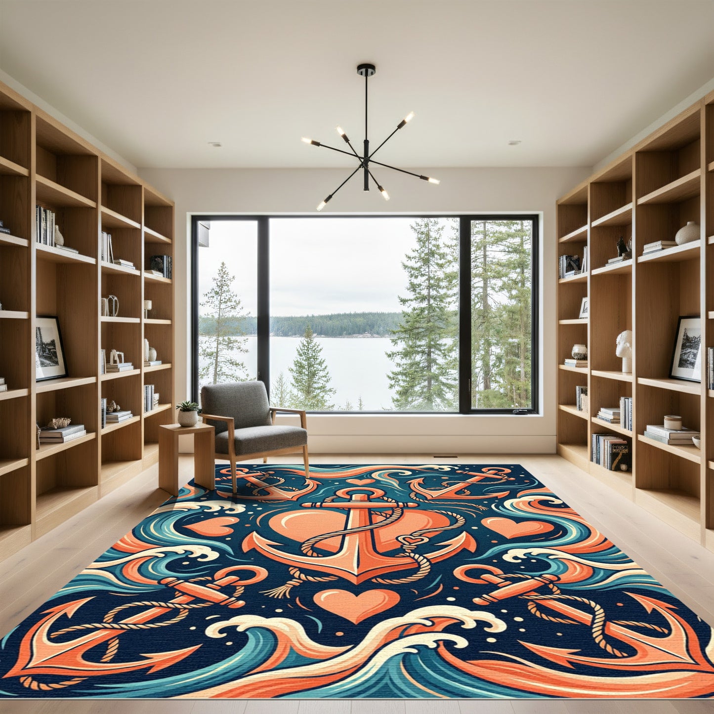 Nautical Orange Anchor Heart Waves Rug