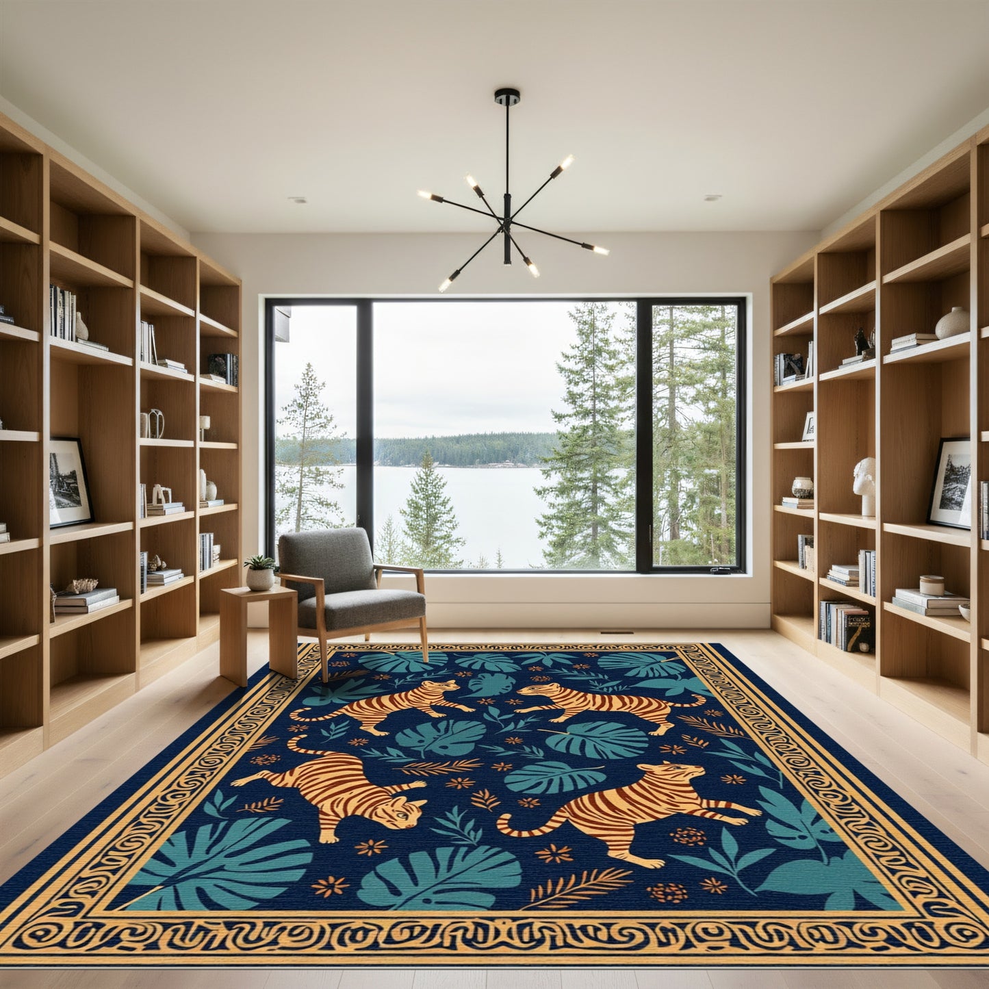 Golden Tigers Blue Jungle Border Rug