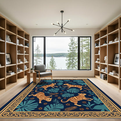 Golden Tigers Blue Jungle Border Rug