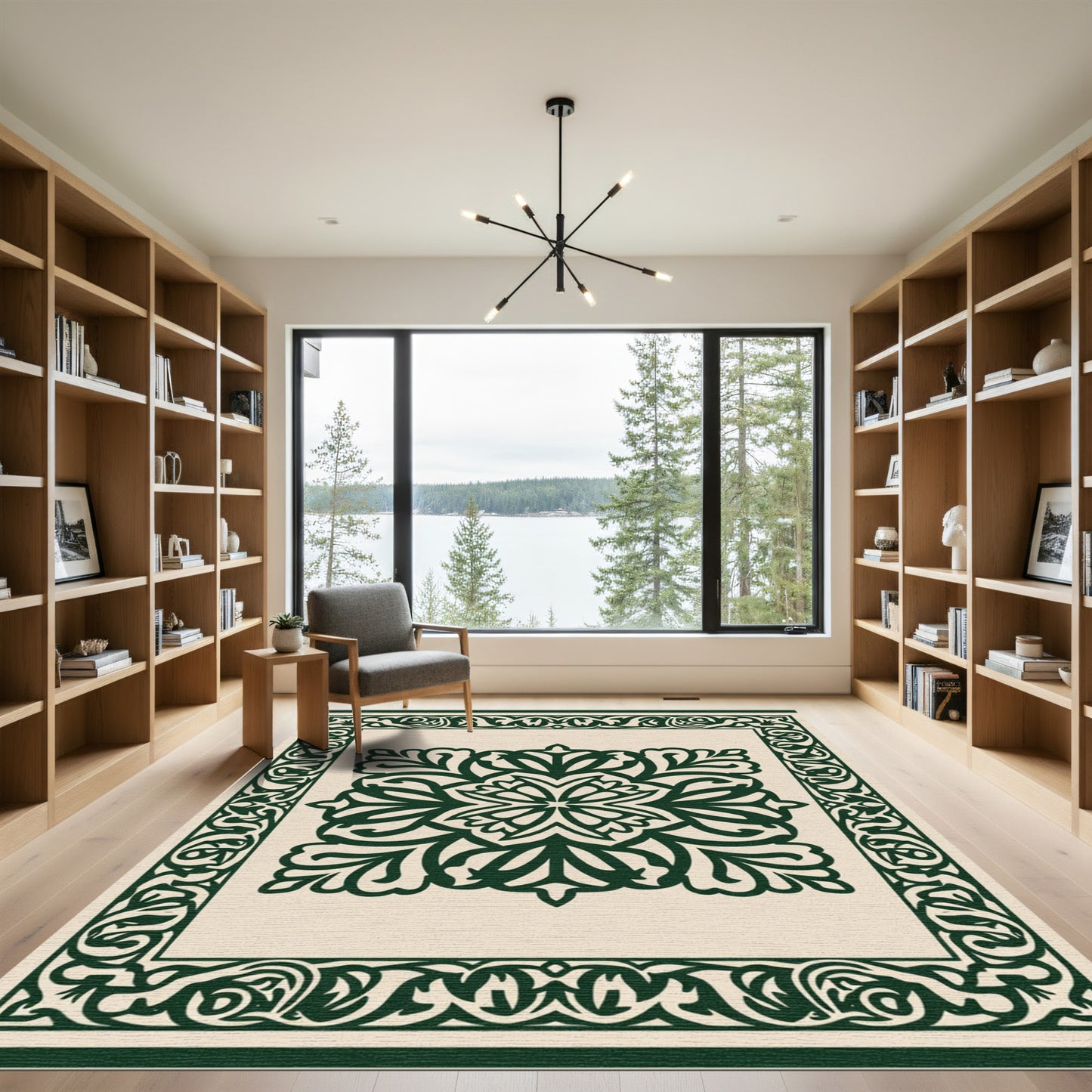 Forest Green Floral Medallion Frame Rug