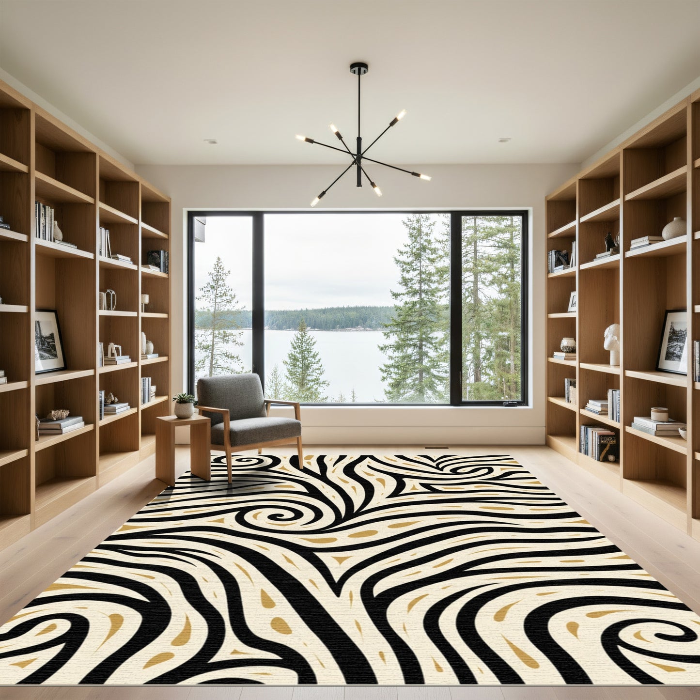 Black Gold Swirl Abstract Strokes Rug