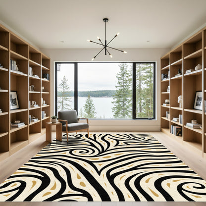 Black Gold Swirl Abstract Strokes Rug