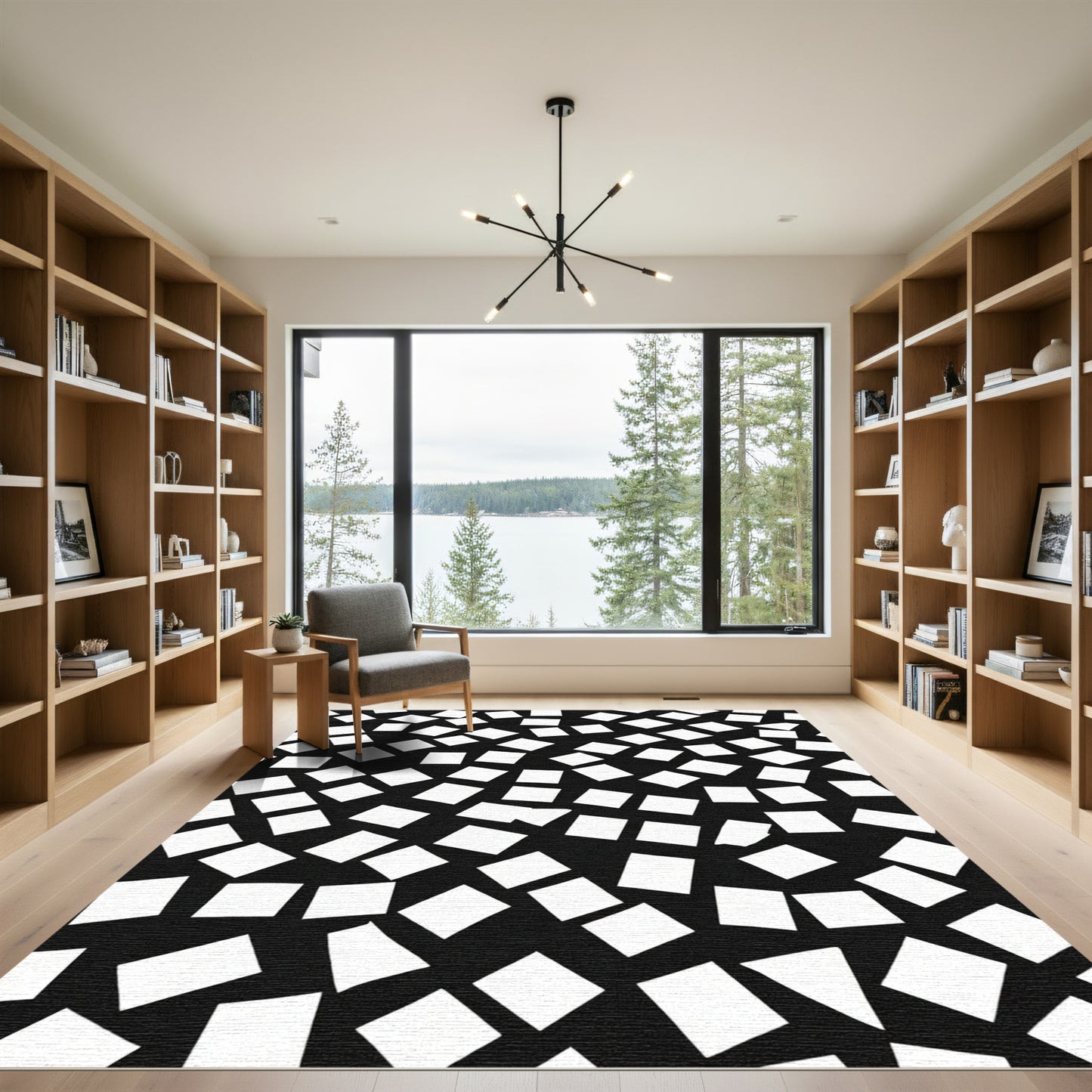 Scattered White Squares Black Background Rug