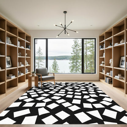 Scattered White Squares Black Background Rug