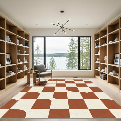 Terracotta Cream Checkerboard Rounded Squares Rug