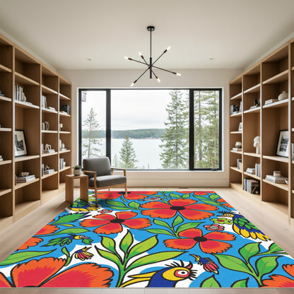 Bright Teal Floral Birds Garden Rug