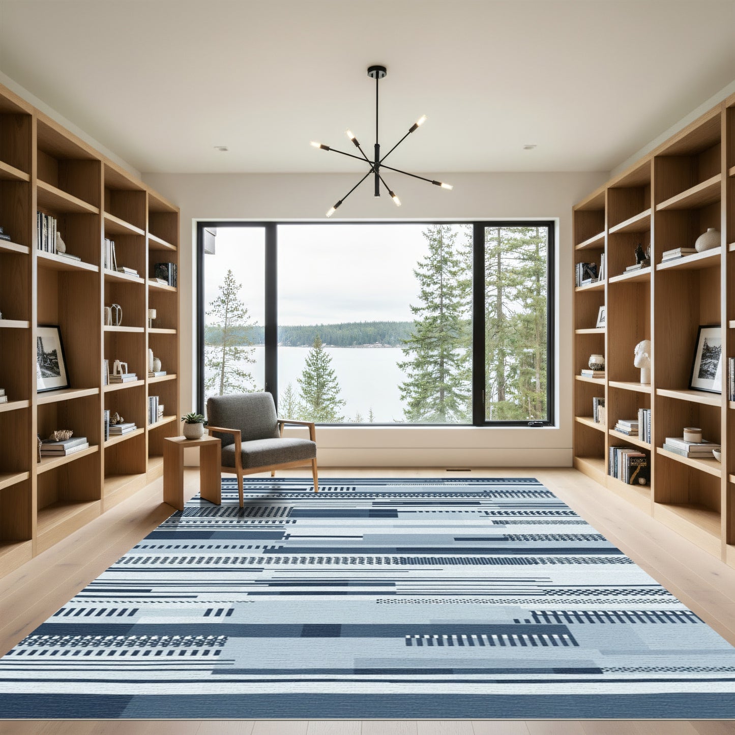 Dark Blue Geometric Stripe Montage Rug