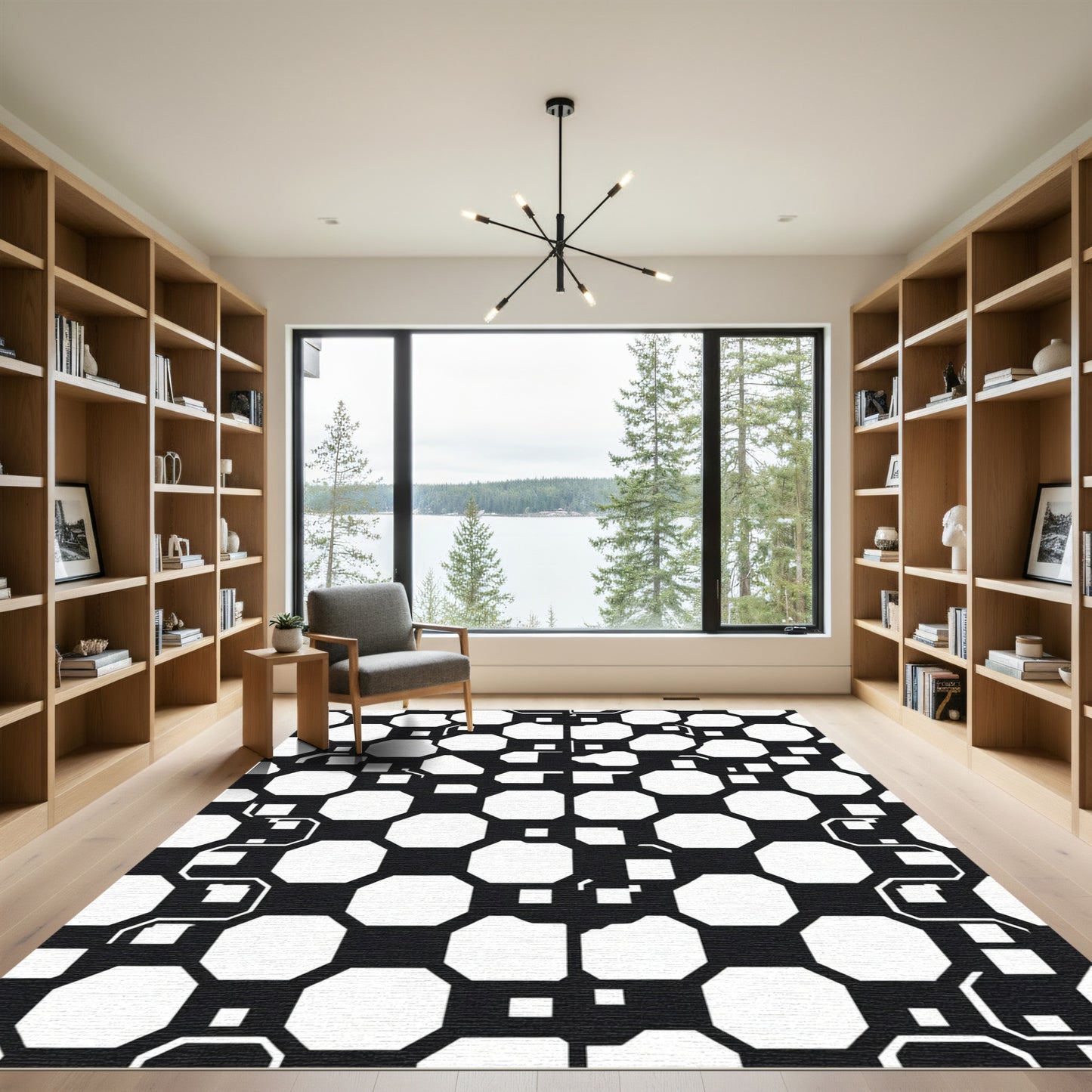 Black White Octagon Tile Mosaic Rug