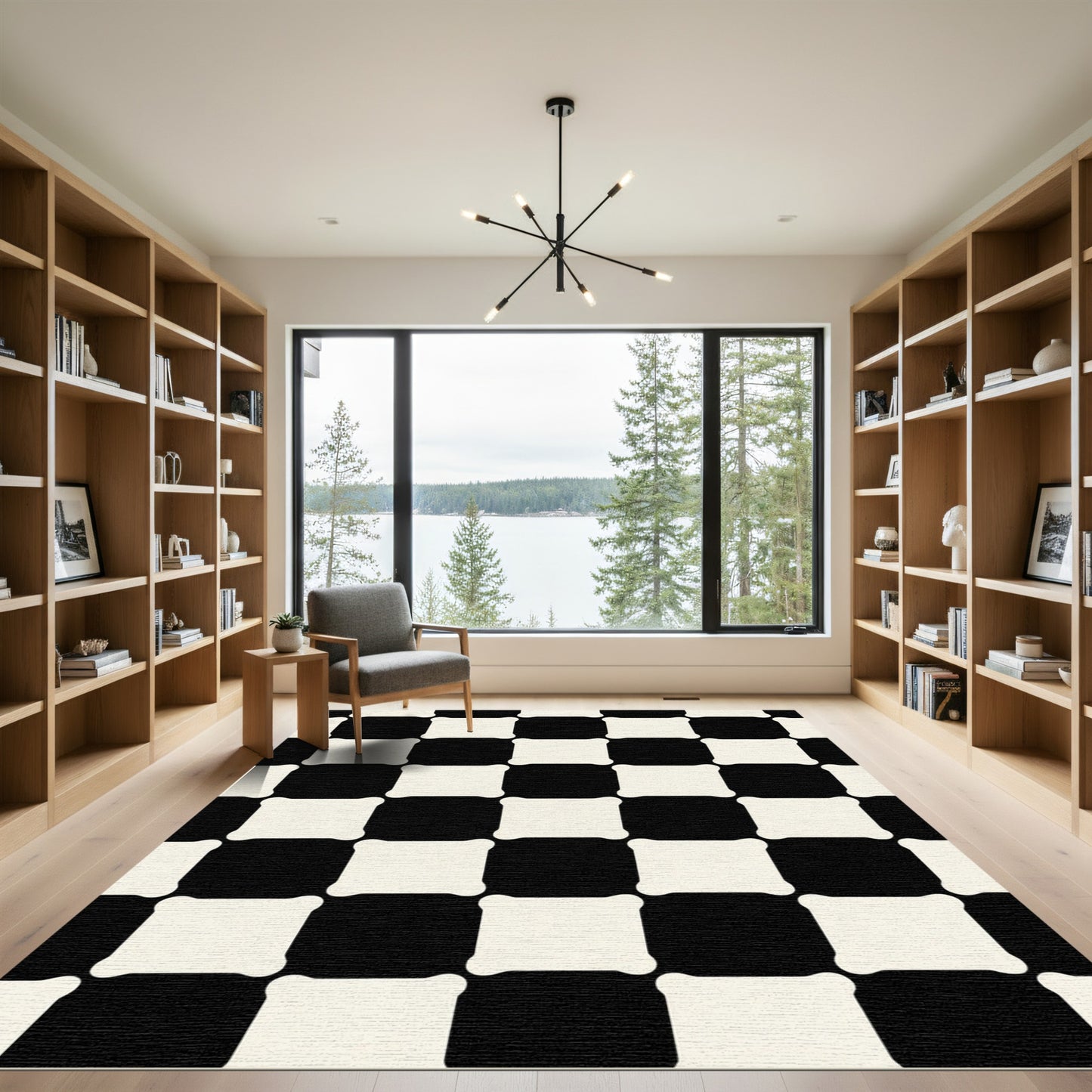 Black White Checked Squares Medallion Rug