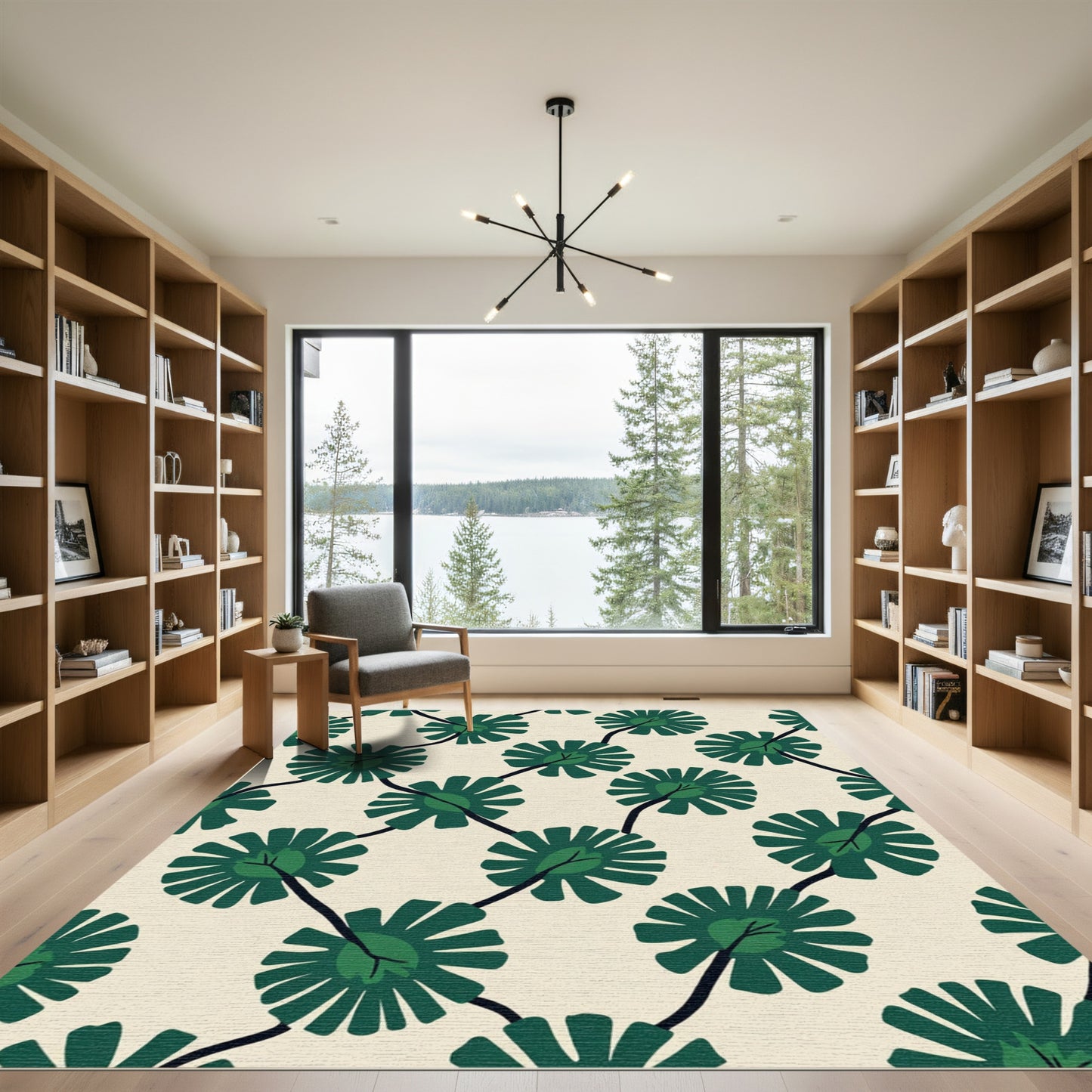 Leafy Green Flowers On Cream Background Rug
