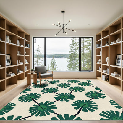 Leafy Green Flowers On Cream Background Rug