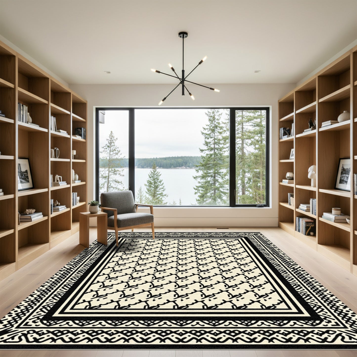 Cream and Black Abstract Tessellation Rug
