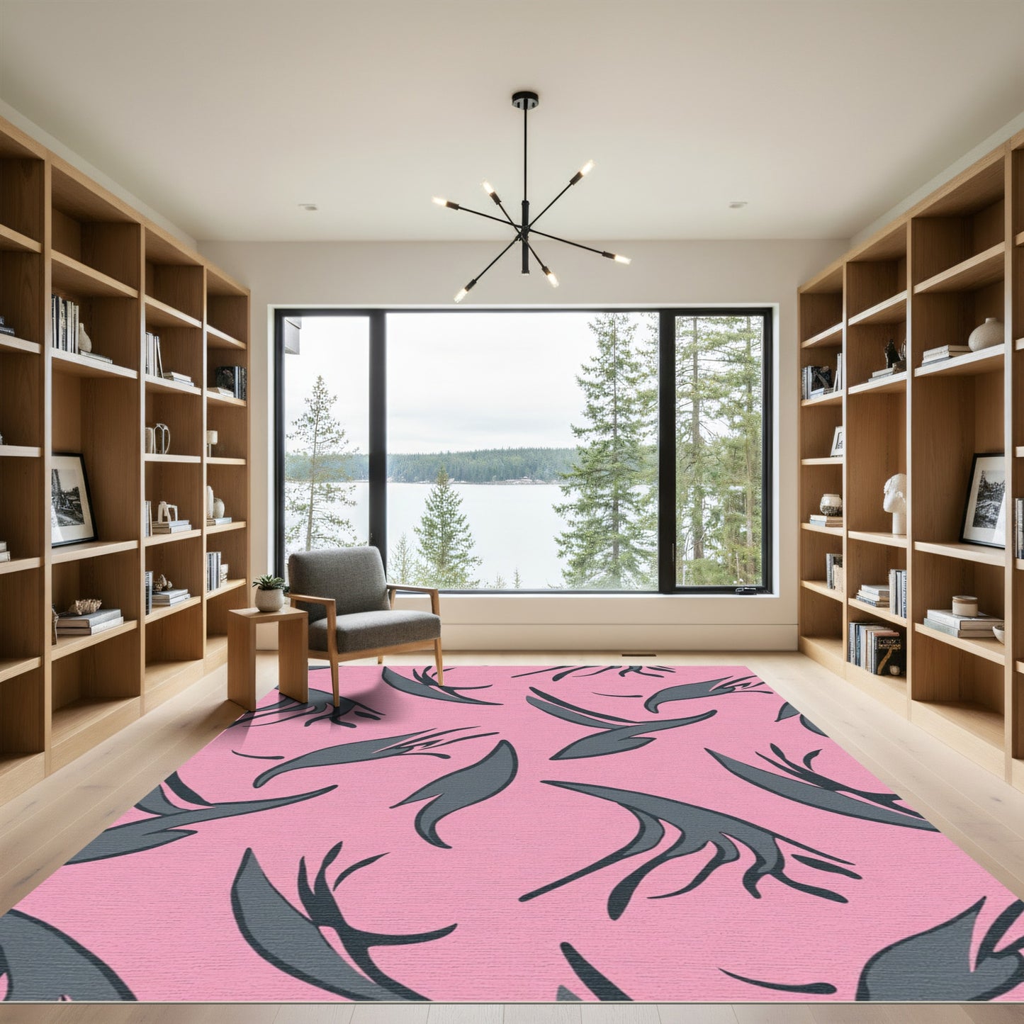 Pink Charcoal Abstract Feather Swirl Rug