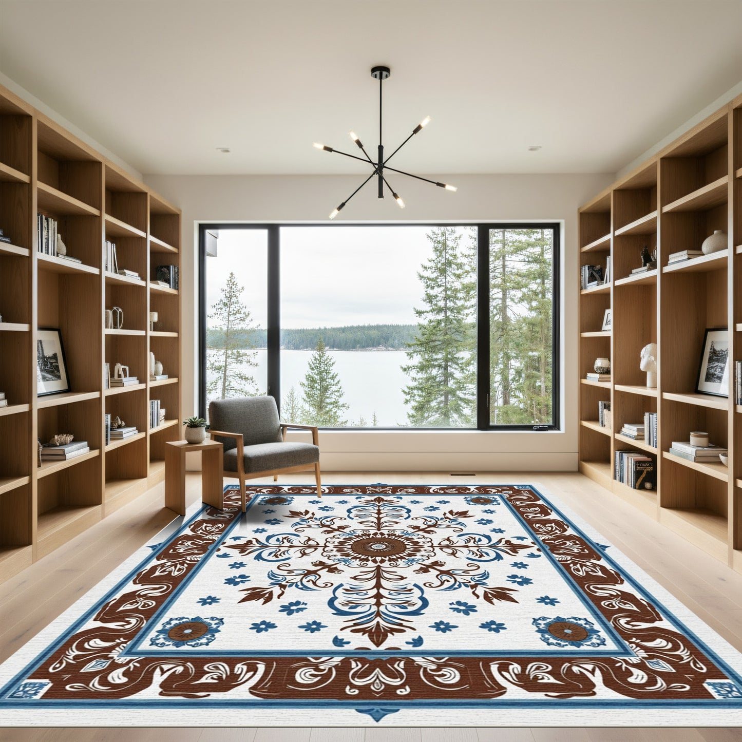 Brown Blue Floral Medallion Border Rug