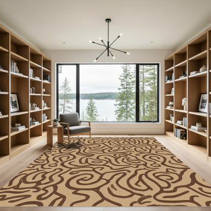 Abstract Brown Swirl Maze Rug