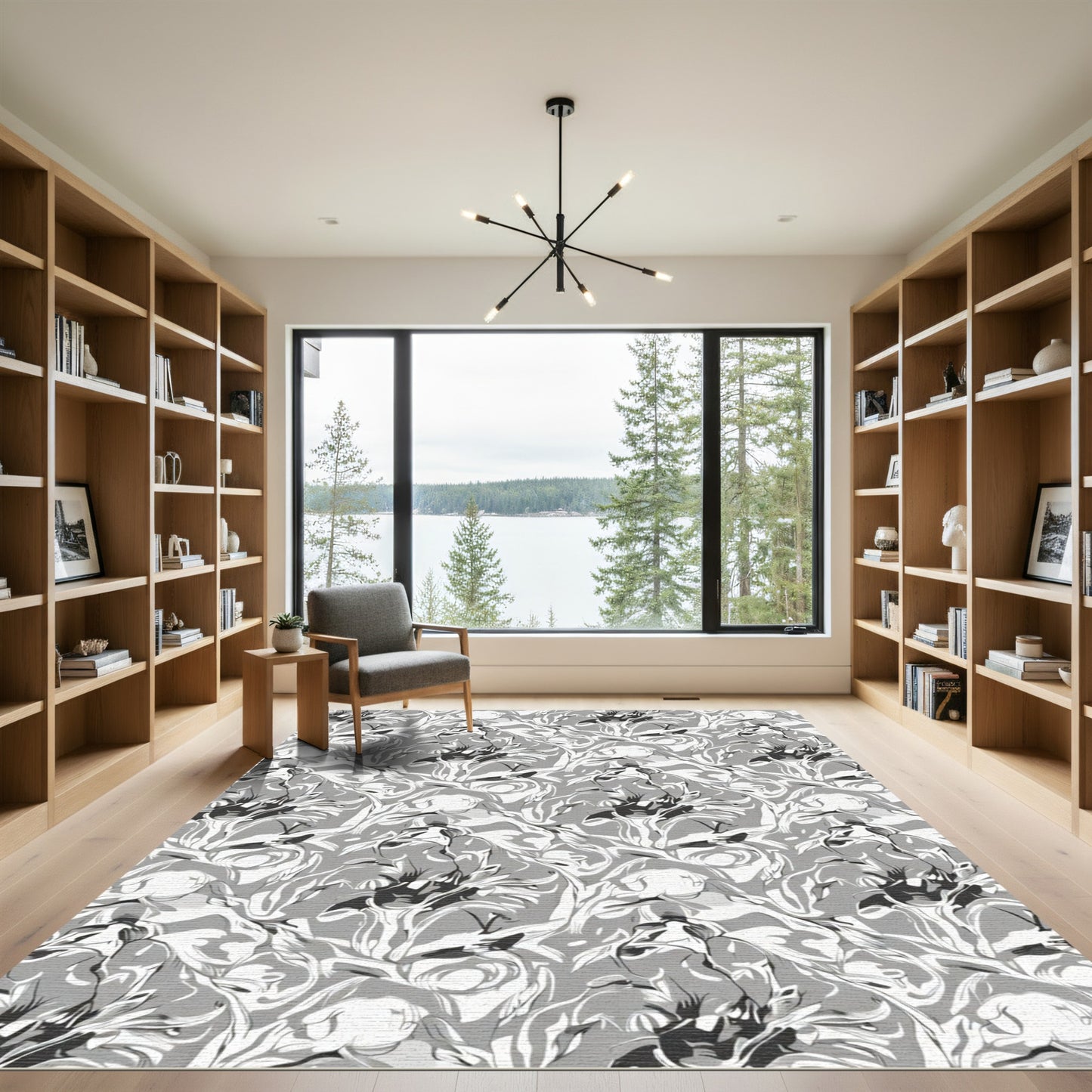 Monochrome Abstract Floral Swirl Rug