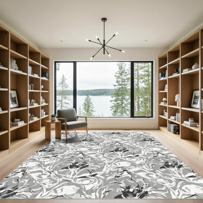 Monochrome Abstract Floral Swirl Rug
