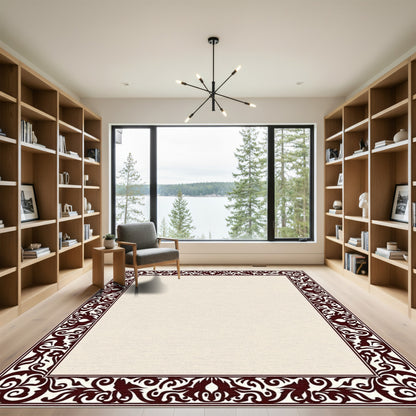 Deep Brown Ornate Flourish Border Rug