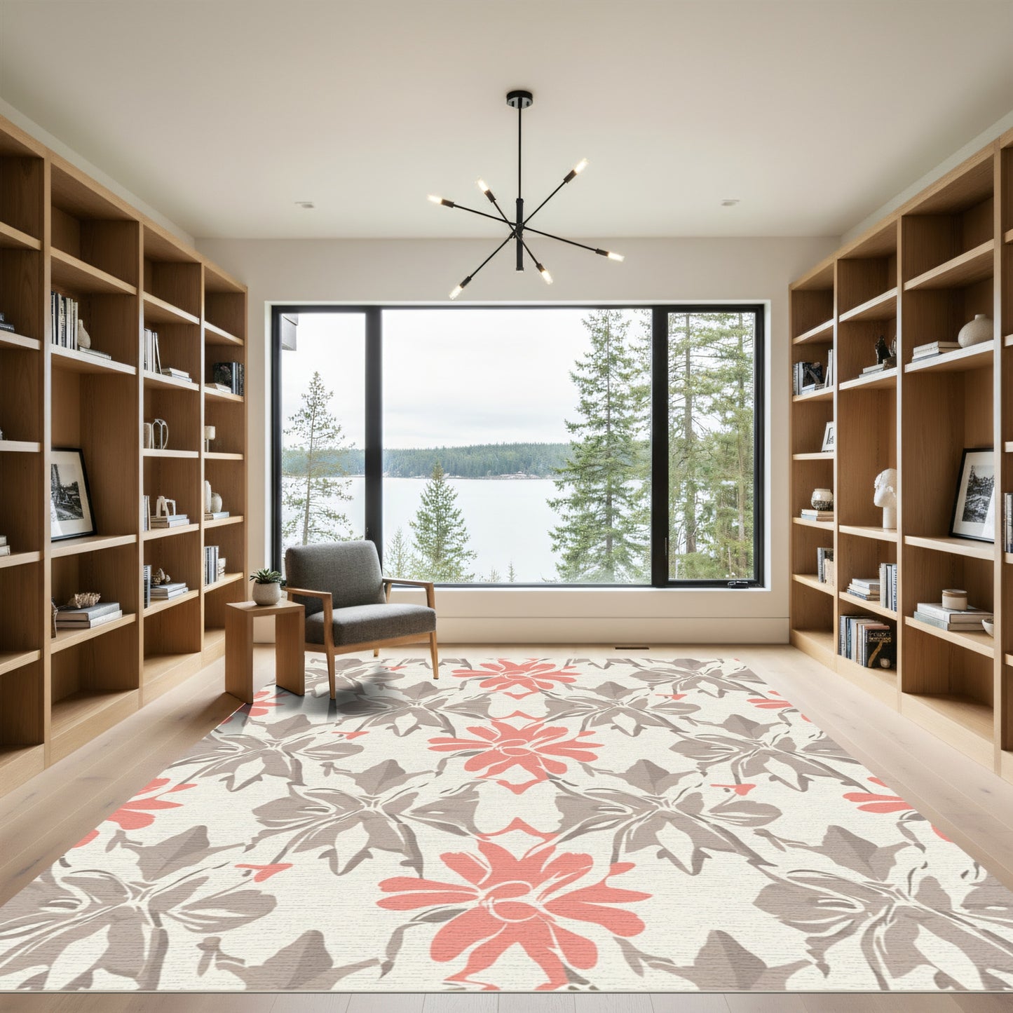 Coral Gray Abstract Floral Bloom Rug