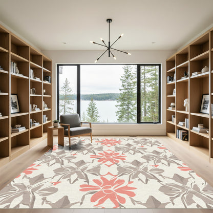 Coral Gray Abstract Floral Bloom Rug