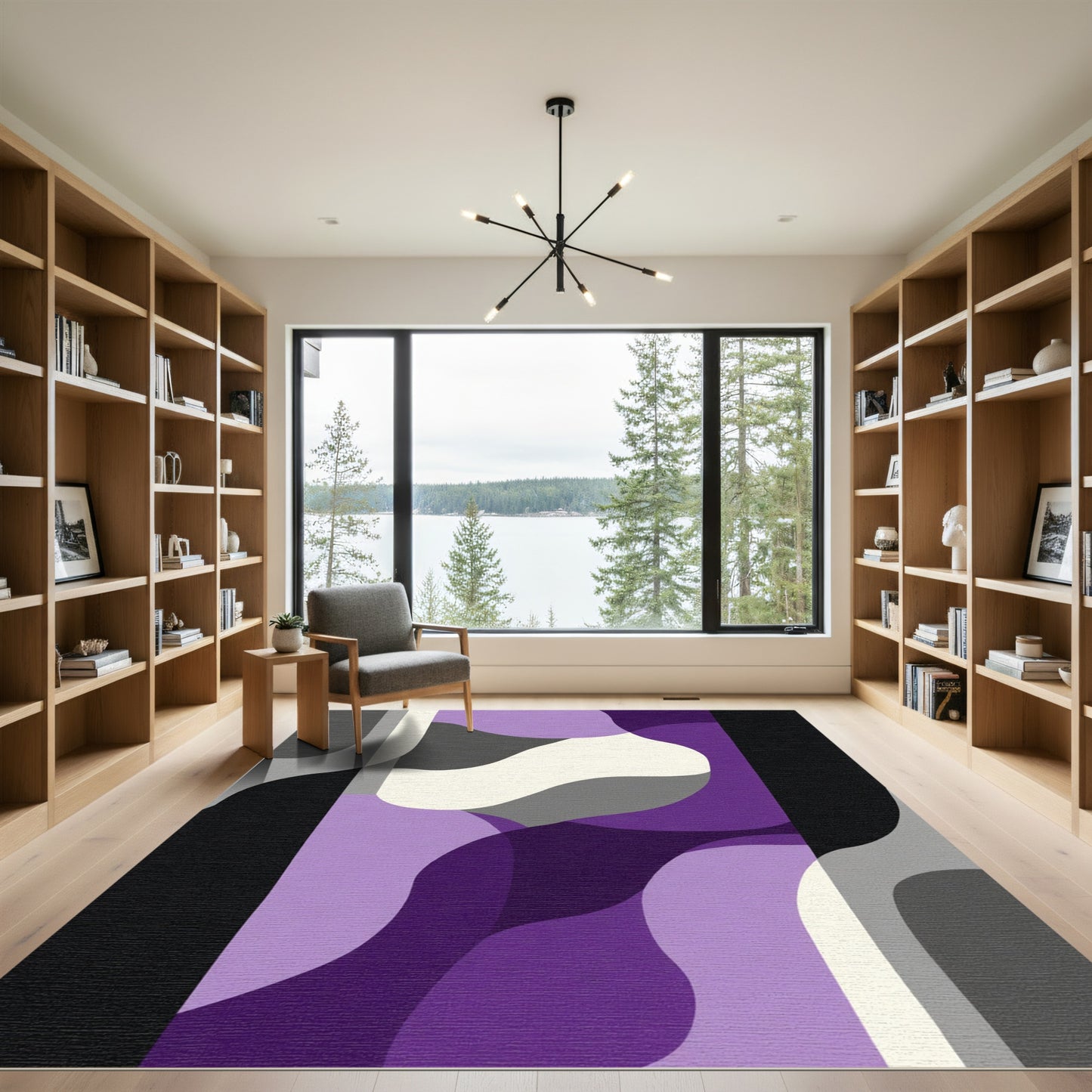 Abstract Purple Gray Ivory Waves Rug