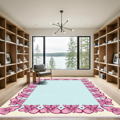 Pink Floral Border Light Blue Center Rug