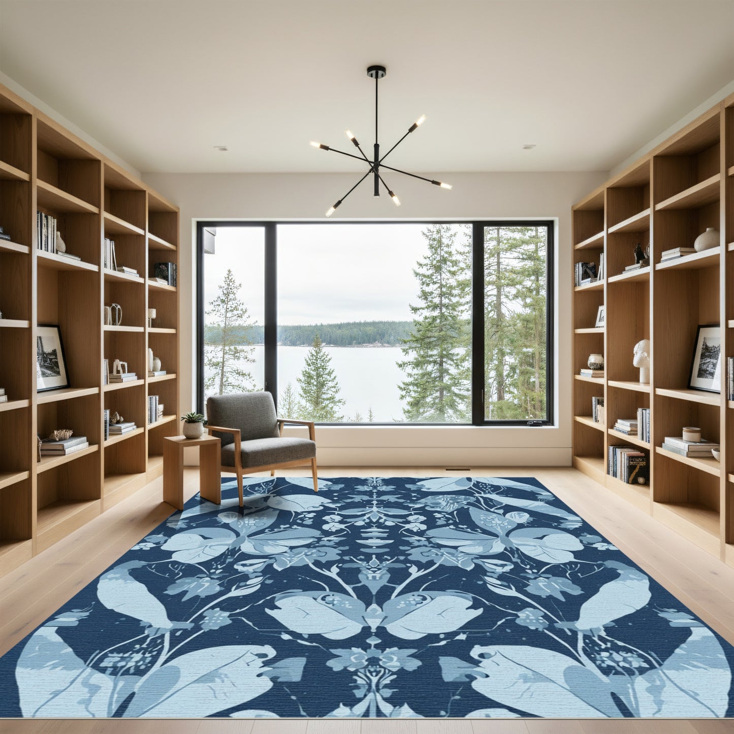 Deep Blue Botanical Butterfly Arrangement Rug