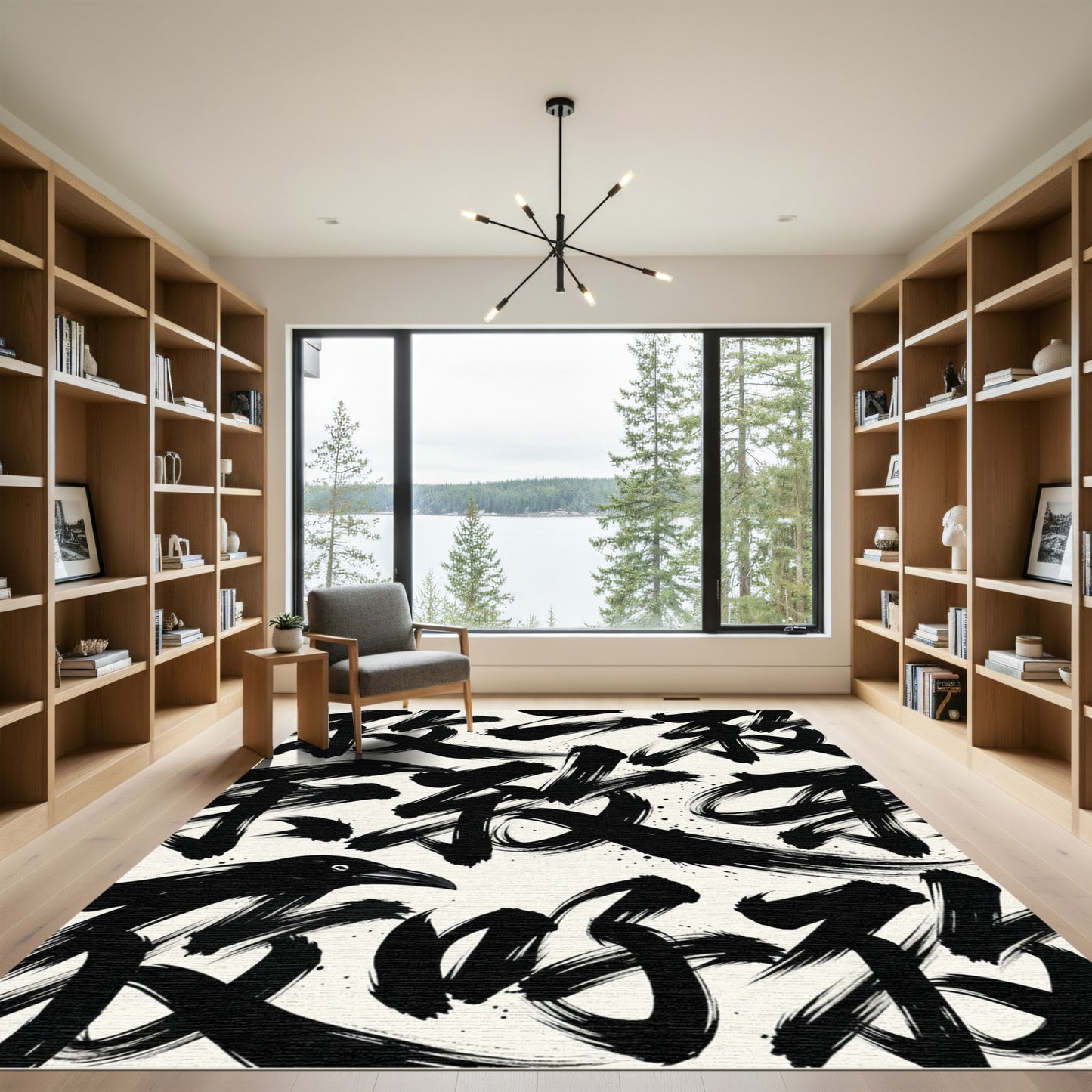 Black Ink Brush Strokes With Crow Rug